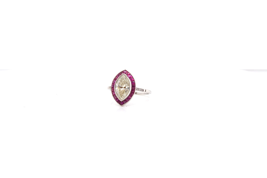 Bague Rétro Or blanc Diamant Rubis