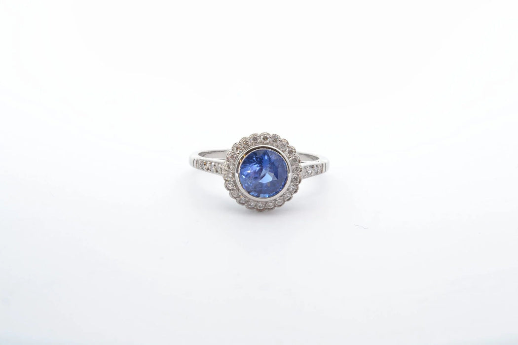 Bague Platine Saphir rond Diamants