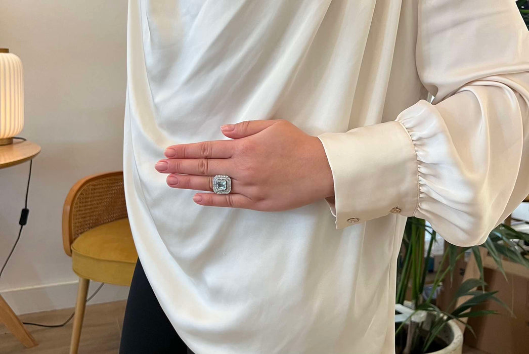Bague Platine Aigue marine double entourage Diamants