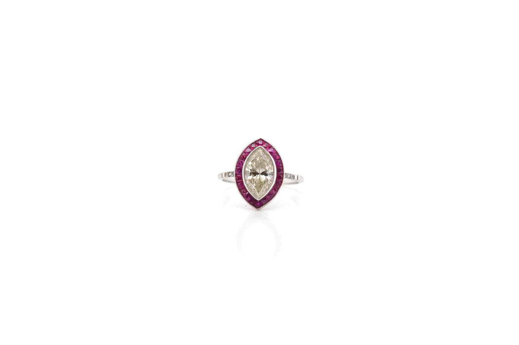 Bague Rétro Or blanc Diamant Rubis