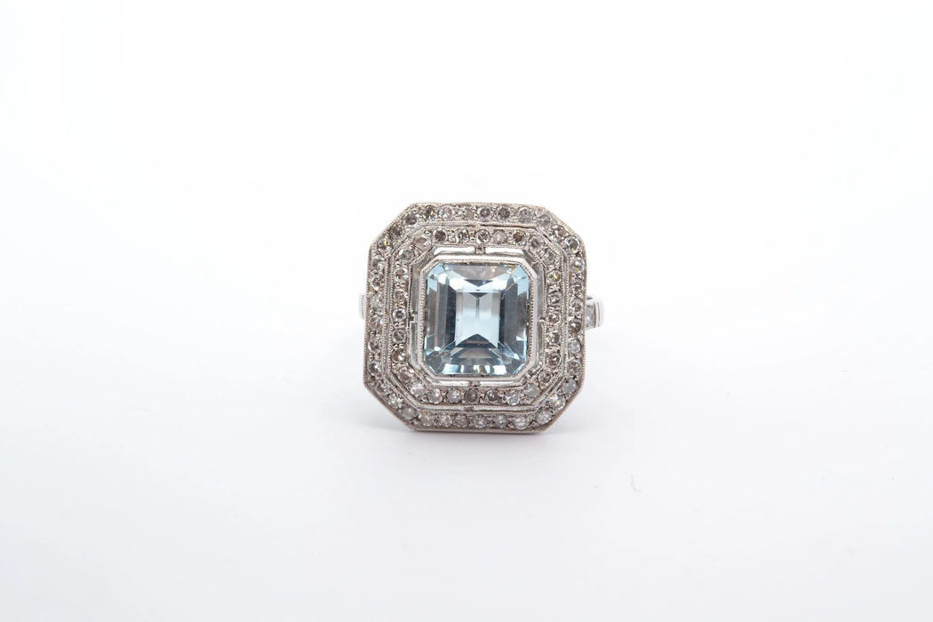 Bague Platine Aigue marine double entourage Diamants