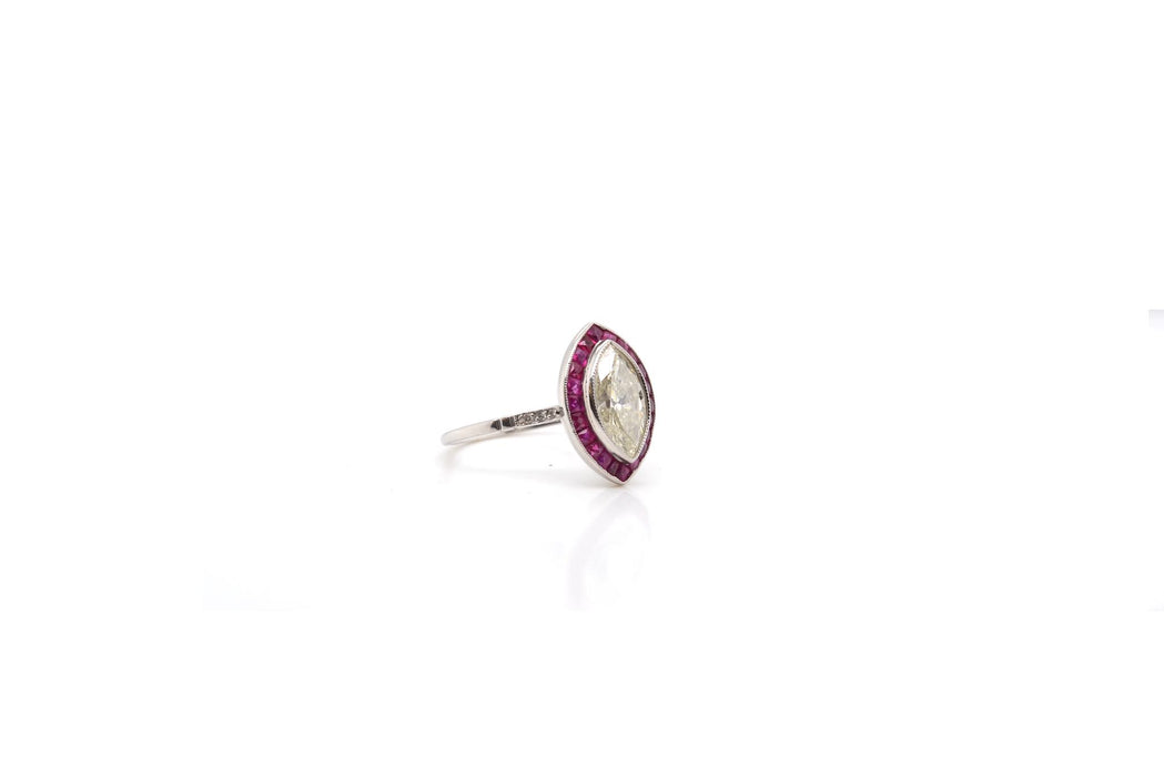 Bague Rétro Or blanc Diamant Rubis