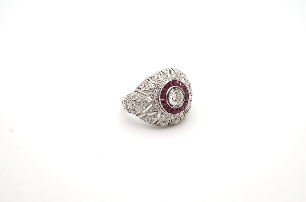 Bague Dôme Art Déco Diamants Rubis Platine