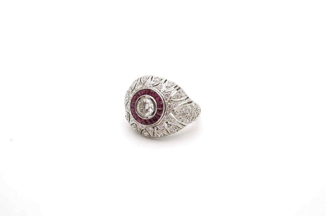 Bague Dôme Art Déco Diamants Rubis Platine