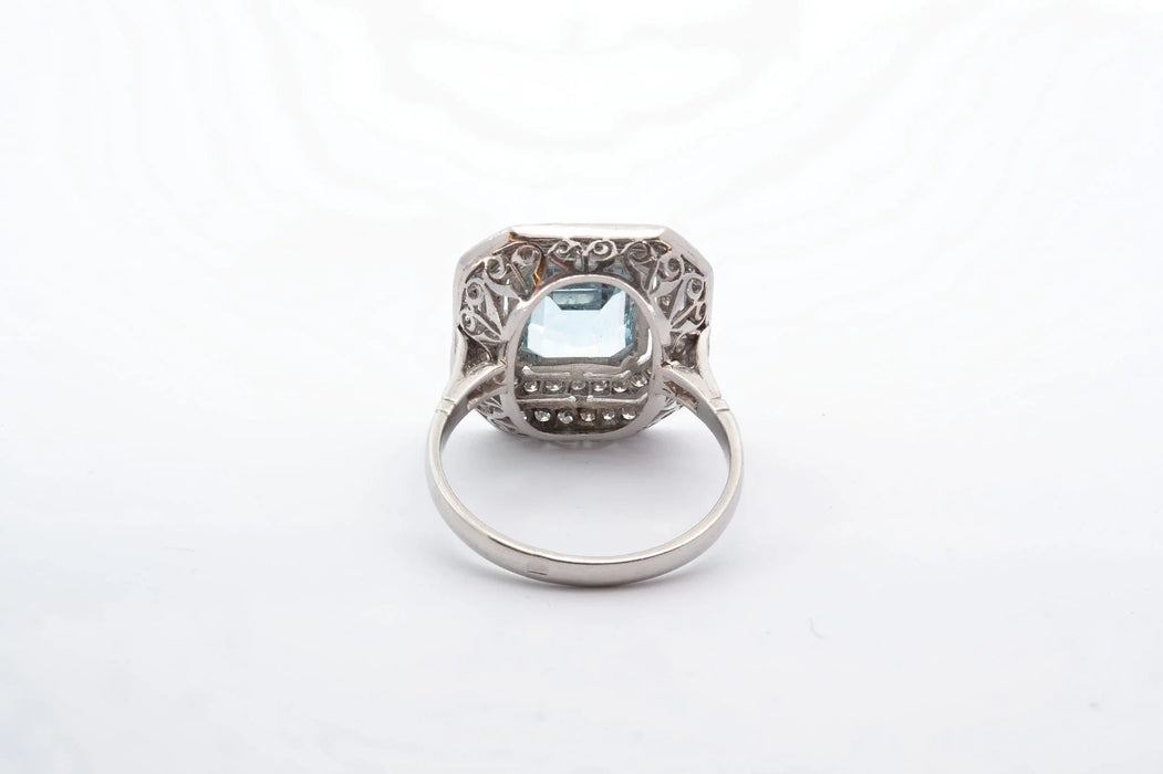 Bague Platine Aigue marine double entourage Diamants