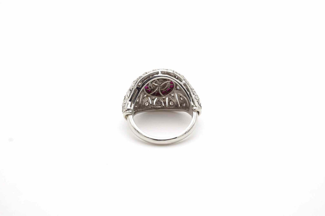 Bague Dôme Art Déco Diamants Rubis Platine