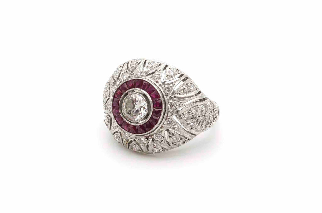Bague Dôme Art Déco Diamants Rubis Platine