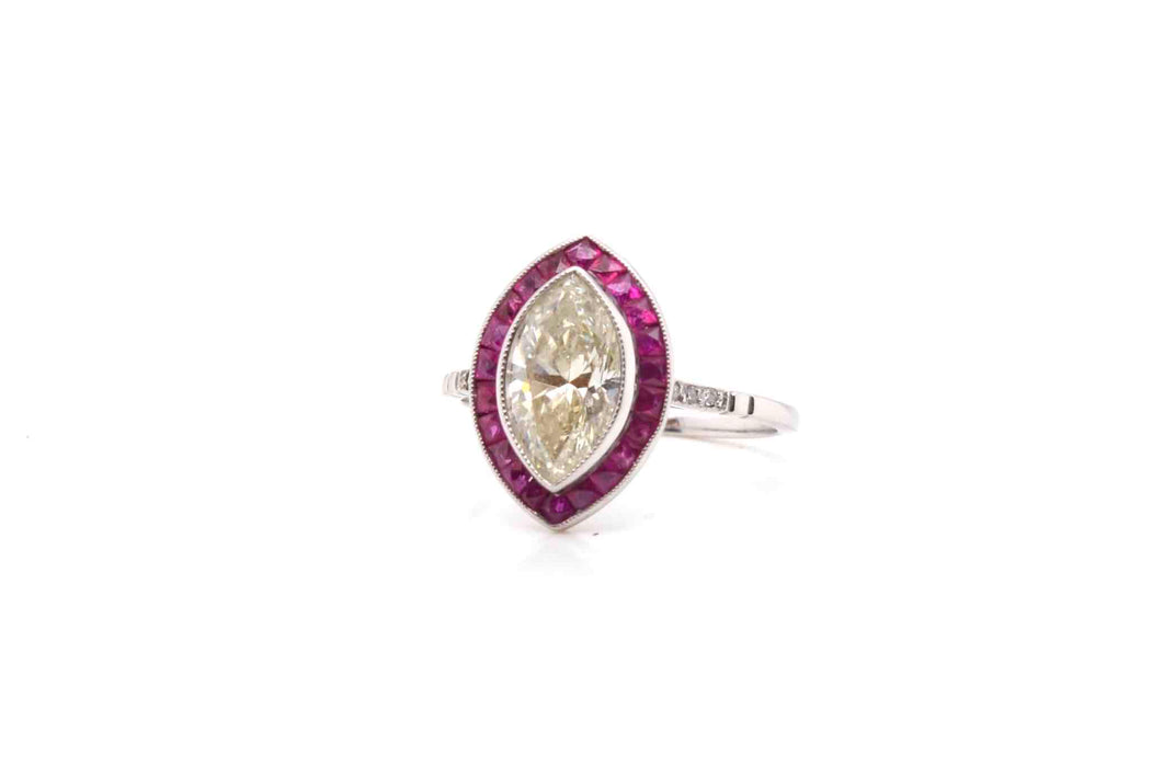 Bague Rétro Or blanc Diamant Rubis