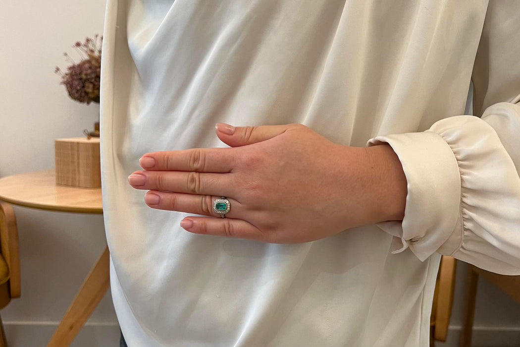 Bague Or jaune Platine Emeraude Diamants