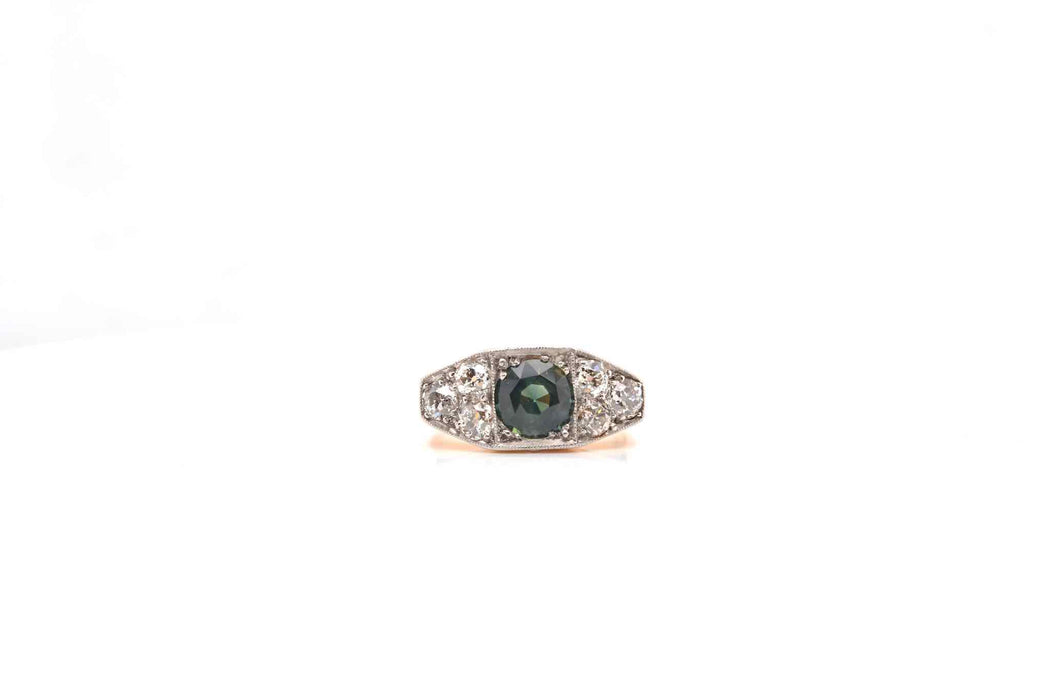 Bague Or jaune Platine Saphir vert Diamant