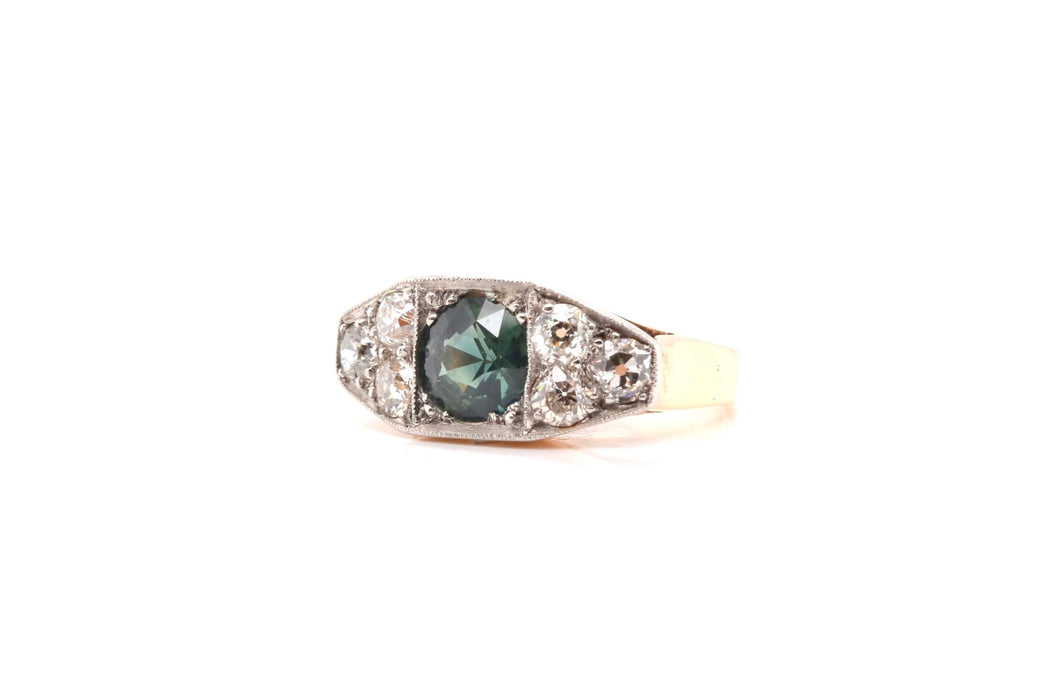 Bague Or jaune Platine Saphir vert Diamant