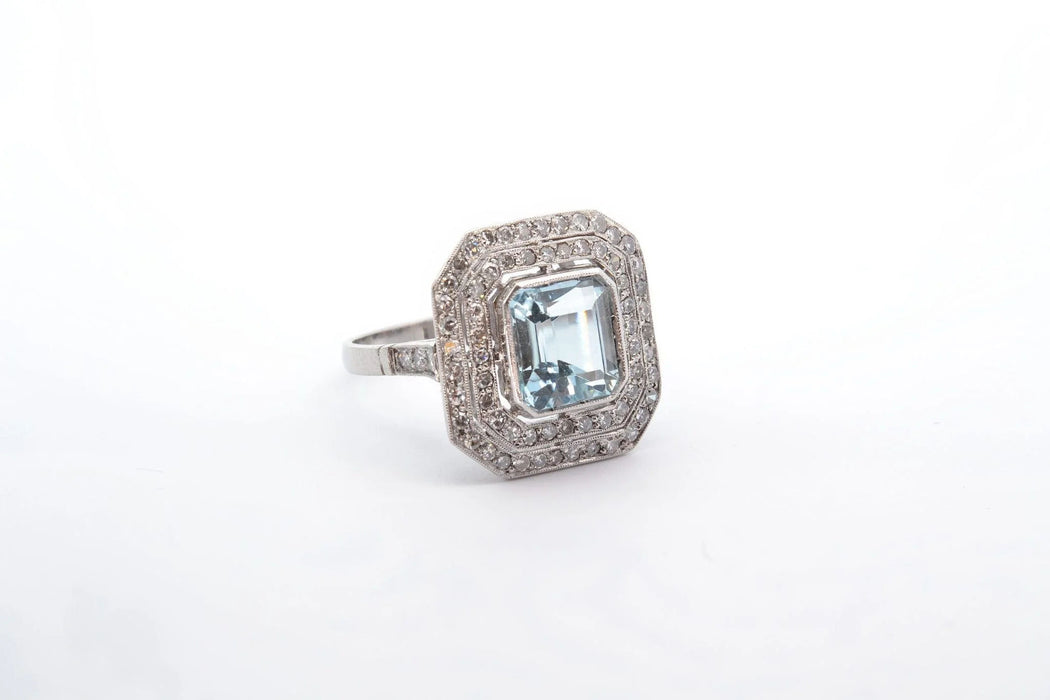 Bague Platine Aigue marine double entourage Diamants