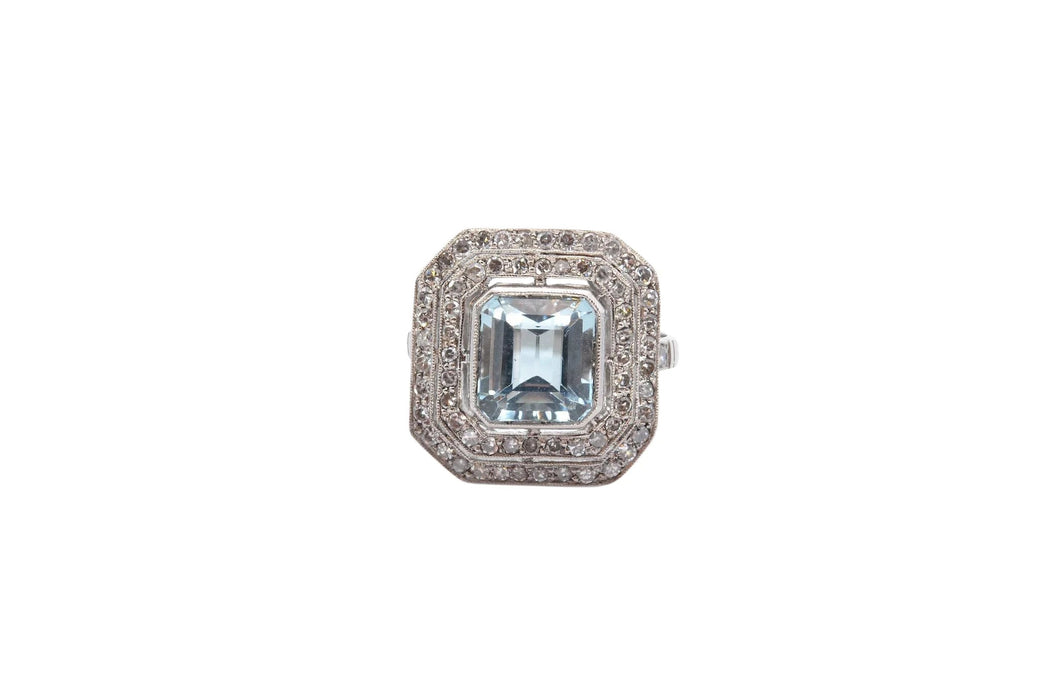 Bague Platine Aigue marine double entourage Diamants