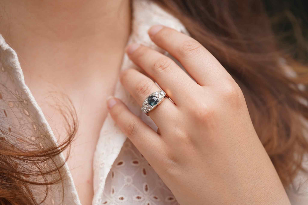 Bague Or jaune Platine Saphir vert Diamant
