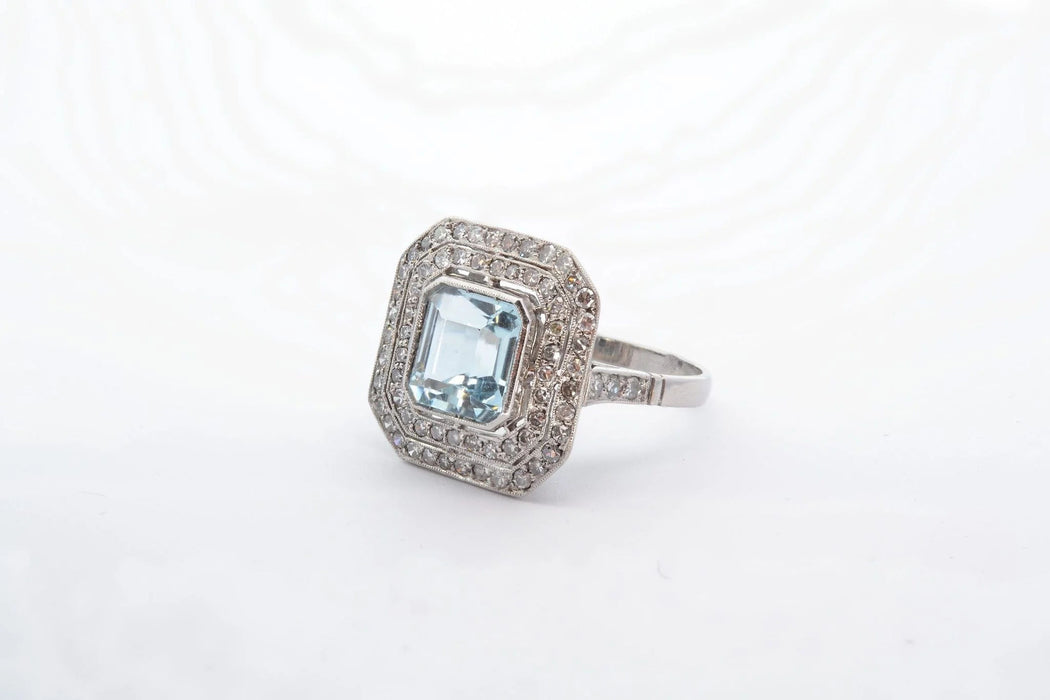 Bague Platine Aigue marine double entourage Diamants
