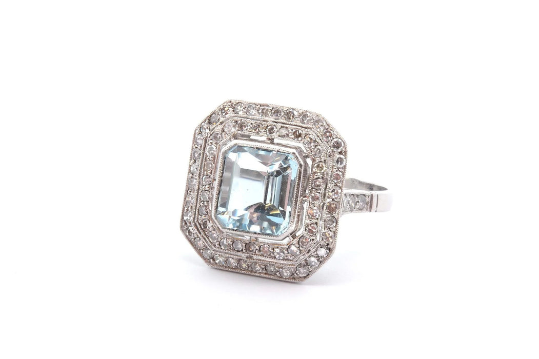 Bague Platine Aigue marine double entourage Diamants